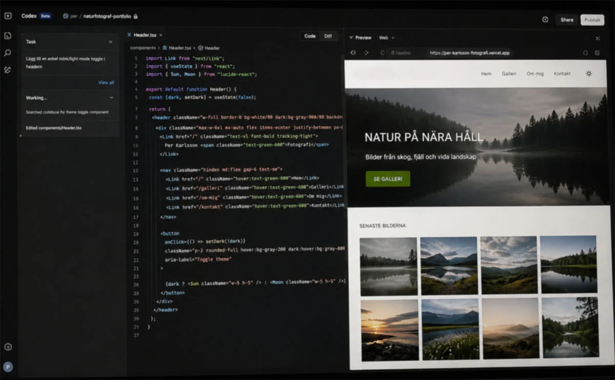 Kod och hemsidedesign på en datorskärm