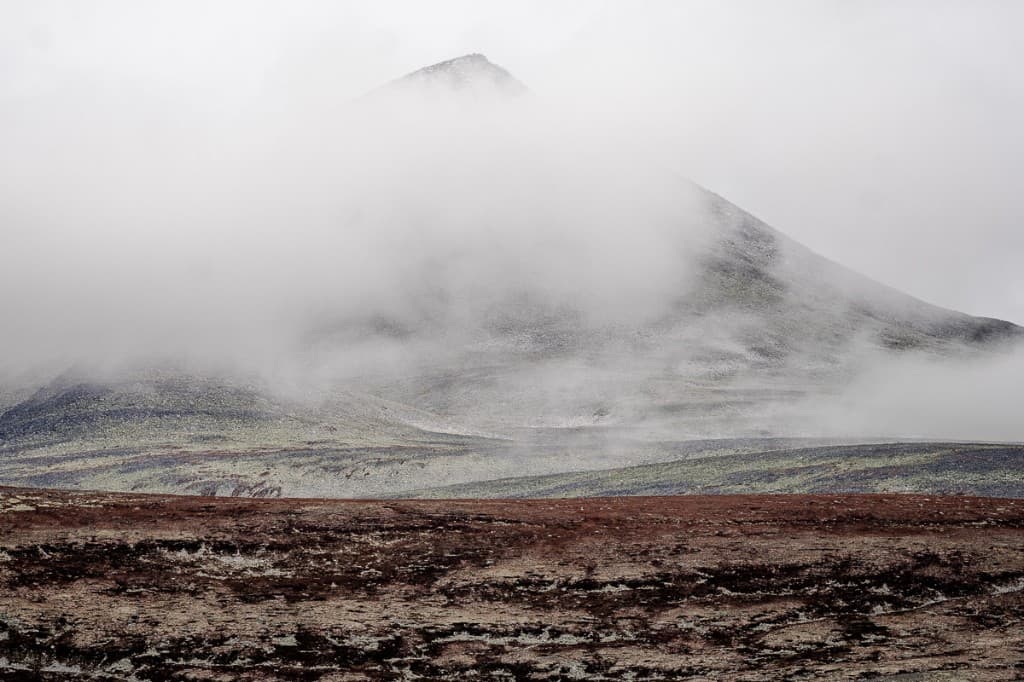 Berg höljt i dimma över karg höstfjäll — Rondane nationalpark